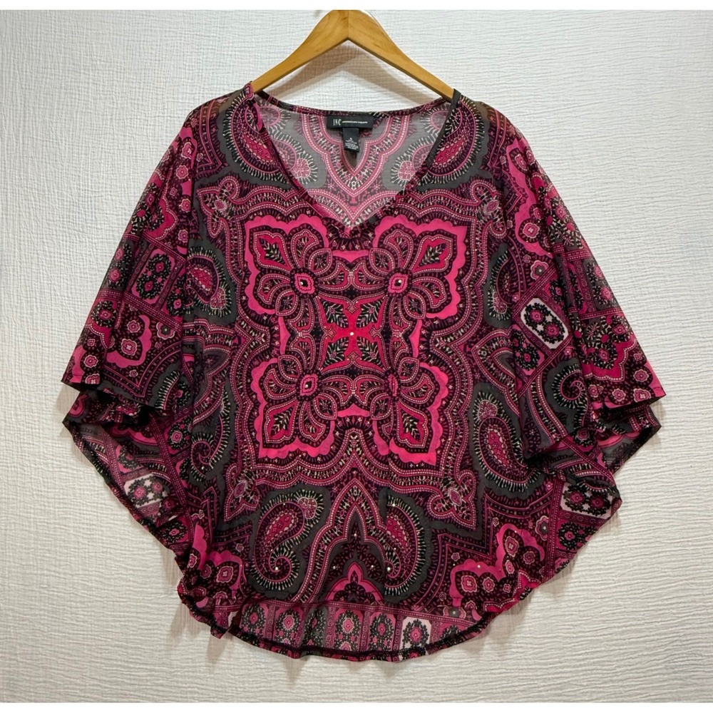 INC International Concepts Women's Sheer Kimono Sleeve Top Pink Paisley Size S